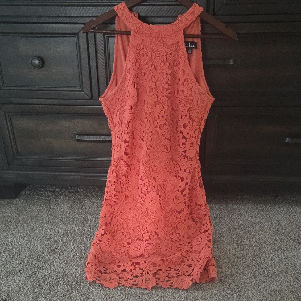Lulu's Floral Lace Mini Dress in Coral